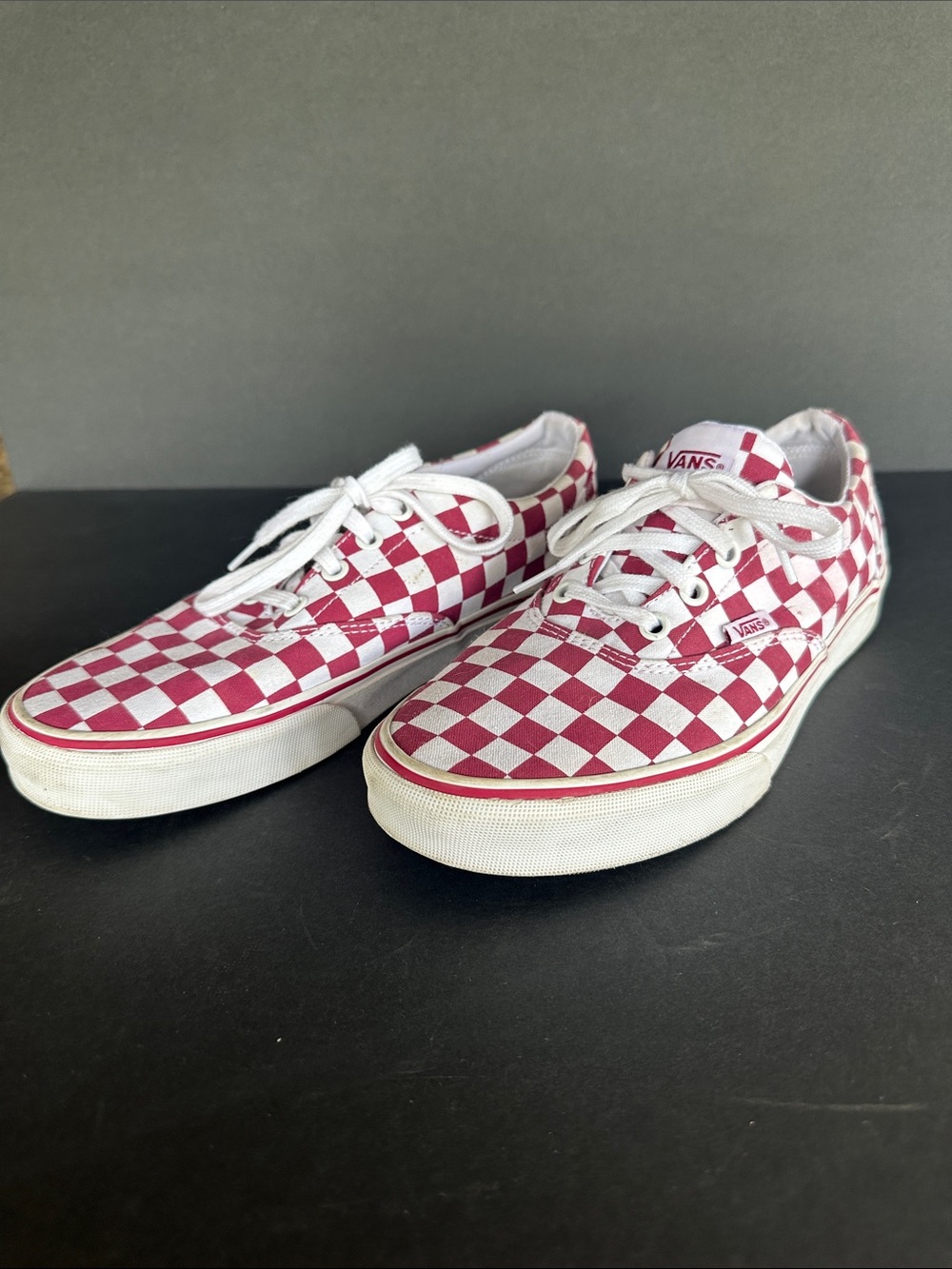 Maroon and white checkered vans sneakers size 8.5